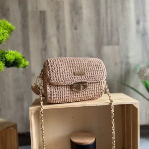 Torebka szydełkowa Lineka – COCO mini Ciasteczkowa ze Złotą Nitką