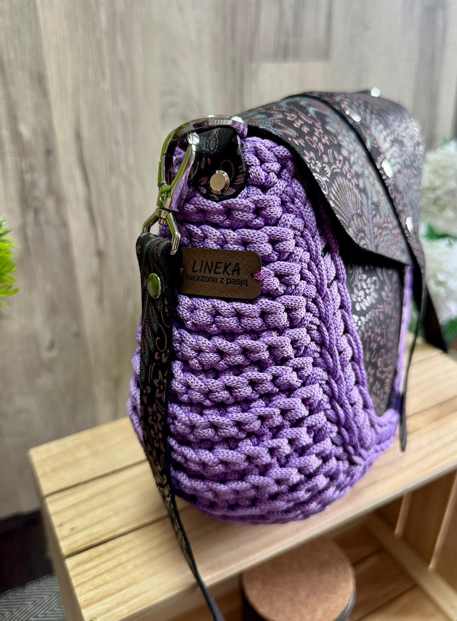 Torebka szydełkowa Lineka – Lavender lawendowa z orientalną klapką - obrazek 6