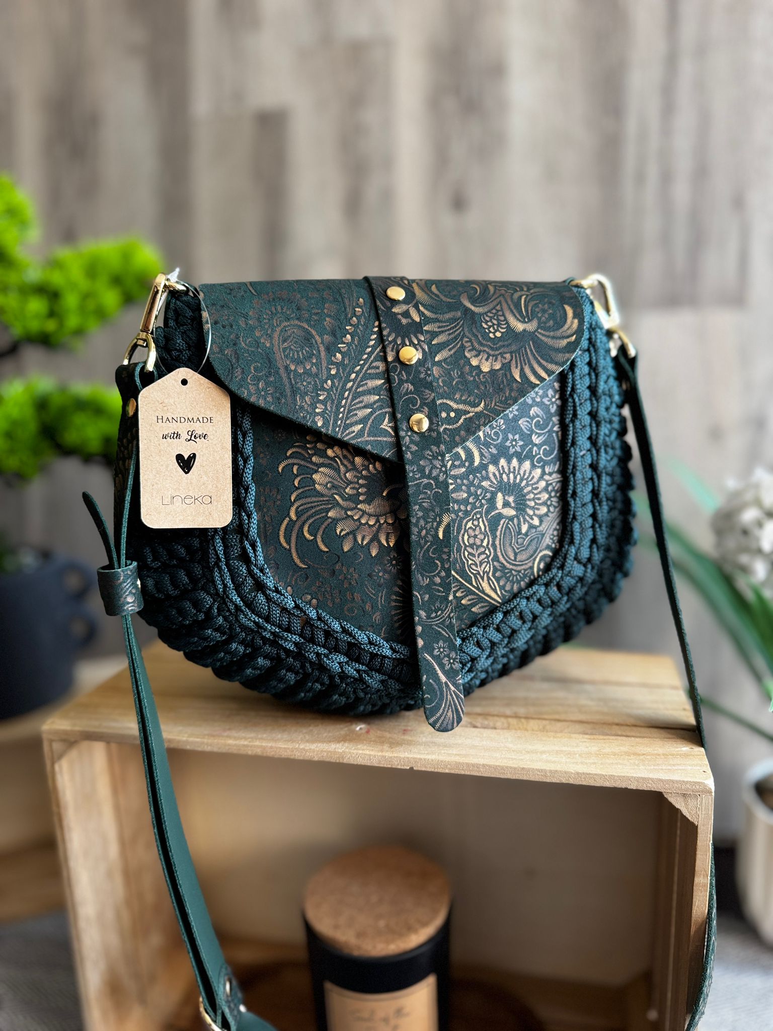 ASTRID Torebka szydełkowa Lineka – Emerald butelkowa zieleń - obrazek 4