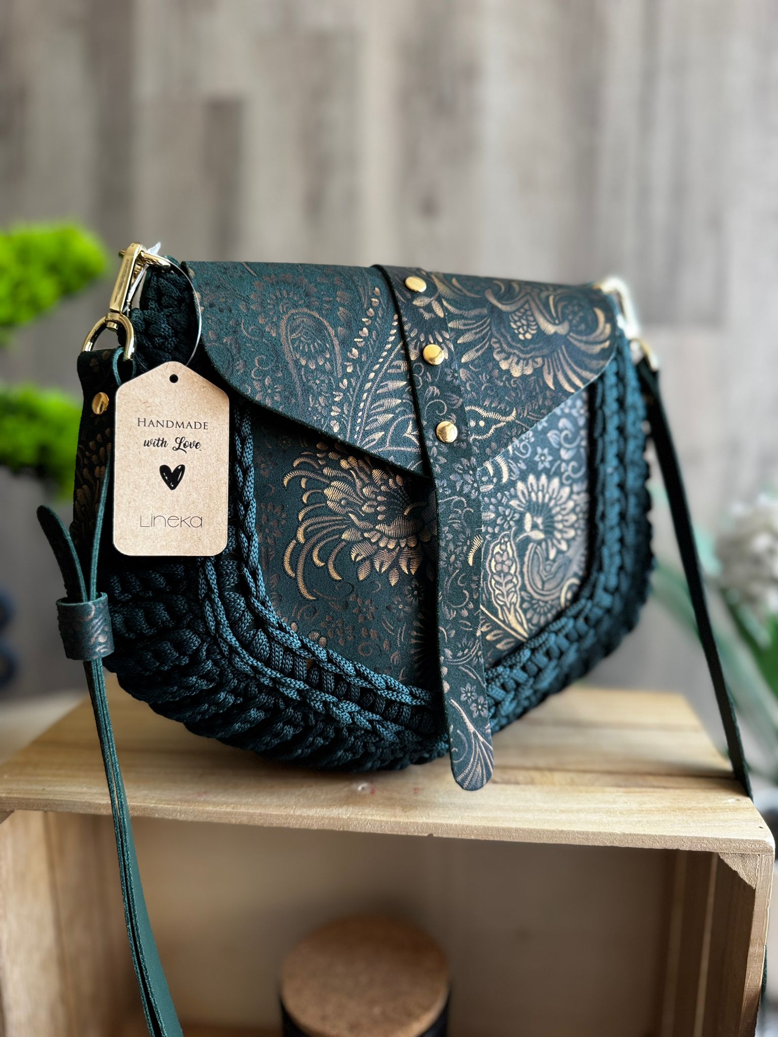ASTRID Torebka szydełkowa Lineka – Emerald butelkowa zieleń