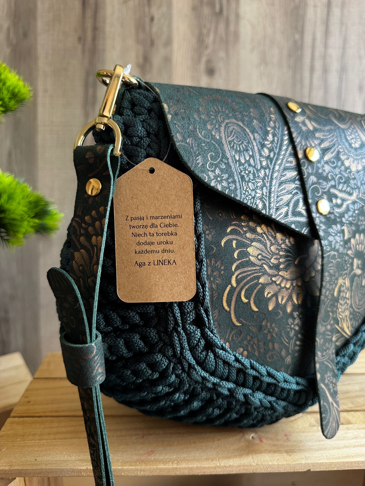 ASTRID Torebka szydełkowa Lineka – Emerald butelkowa zieleń - obrazek 5