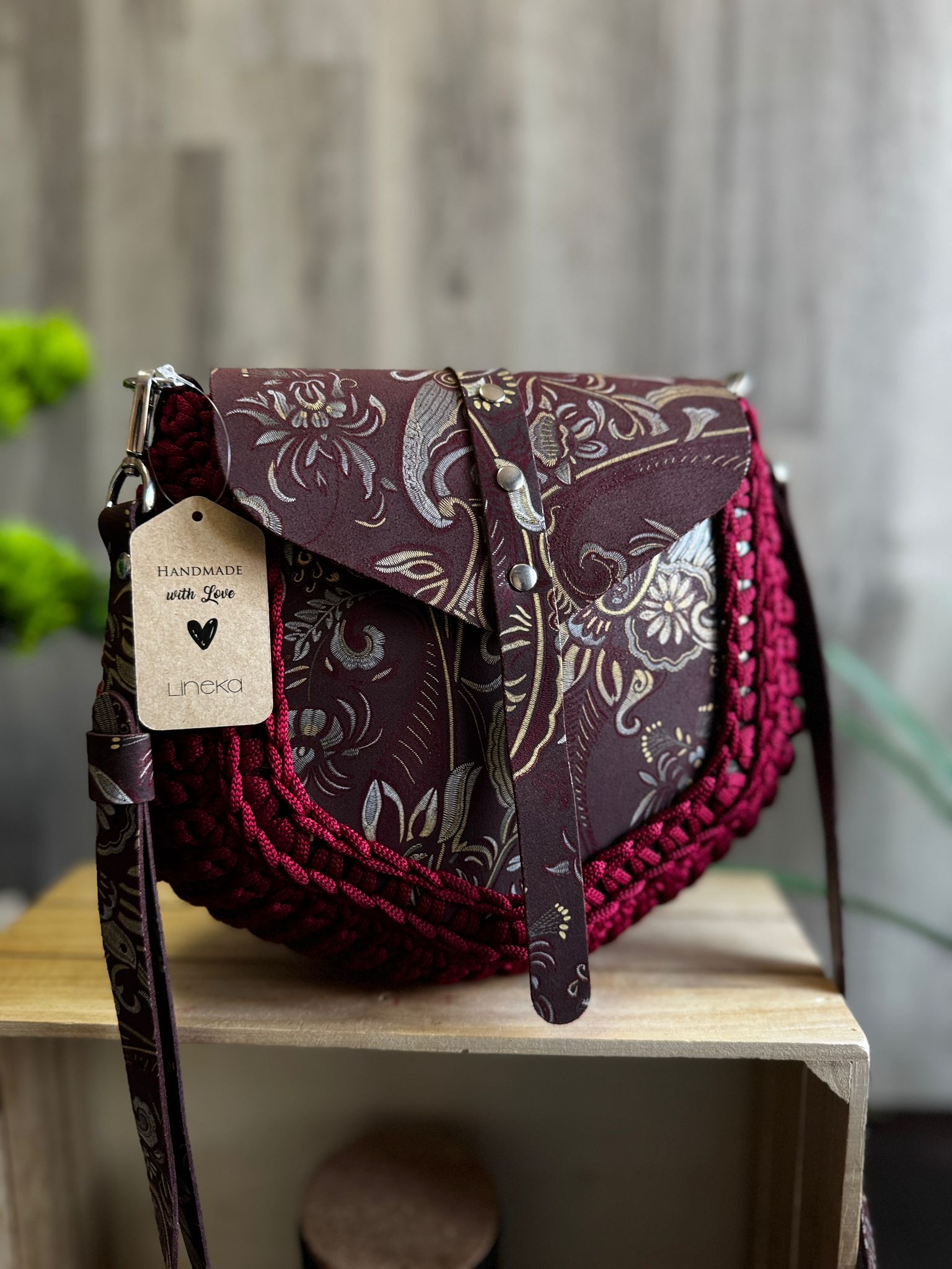 ASTRID Torebka szydełkowa Lineka – Burgund & Orientalny Blask